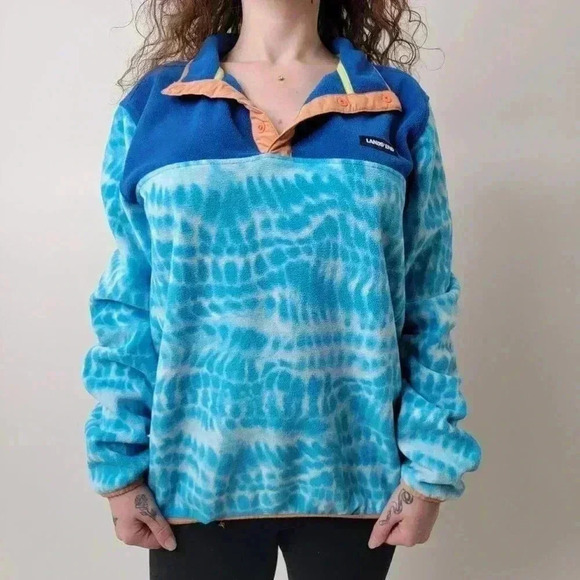 Land's End Tie Dye Ocean Blue Heritage Fleece Snap Neck Pullover Sweatshirt - L - Picture 1 of 7